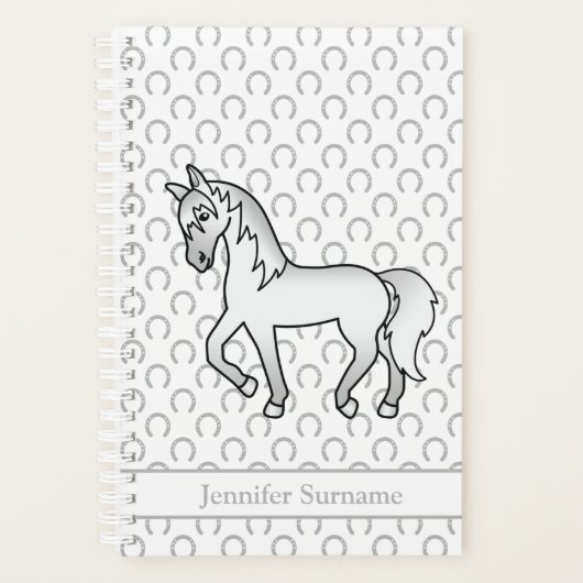 Grijze Cartoon Dravend Paard & Aangepaste Tekst Planner (Voorkant)