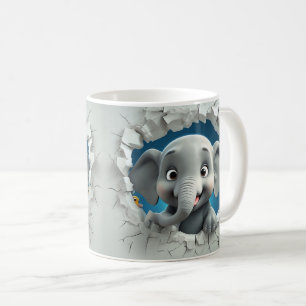 Grijze cartoon olifant die door lichtgrijze muur b koffiemok