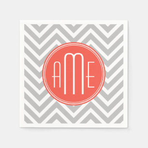 Grijze Chevron en Koraal Aangepast Monogram Servet
