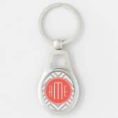 Grijze Chevron en koraal Custom Monogram Sleutelhanger (Voorkant)