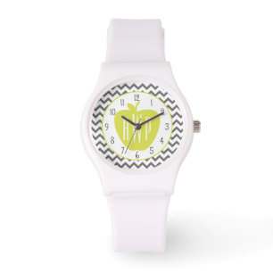 Grijze Chevron en Neon Apple Monogram Leraar Horloge