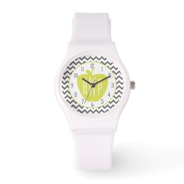 Grijze Chevron en Neon Apple Monogram Leraar Horloge (Voorkant)