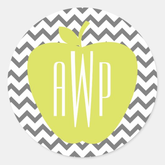 Grijze Chevron en Neon Apple Monogram Leraar Ronde Sticker (Voorkant)