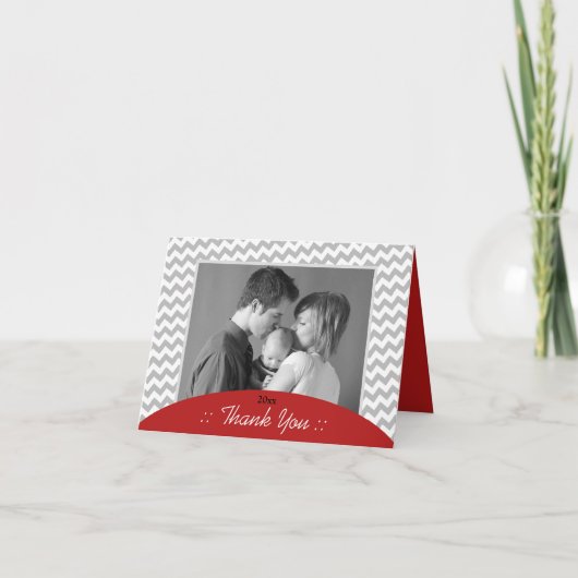 Grijze Chevron en rode foto Dank u kaarten (Voorkant)