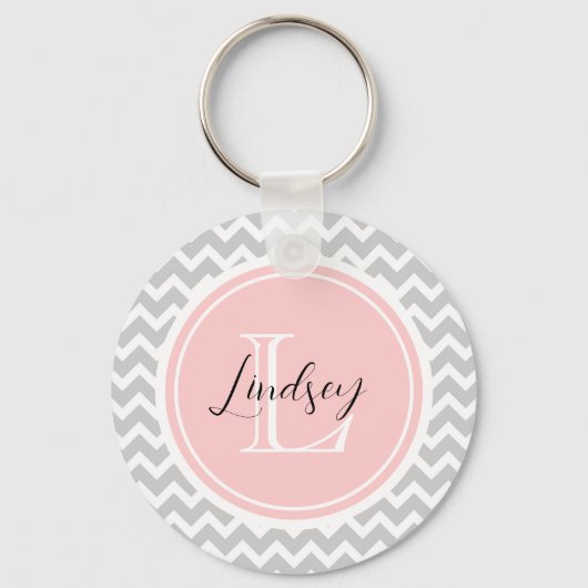 Grijze Chevron met aangepast monogram Sleutelhanger (Voorkant)