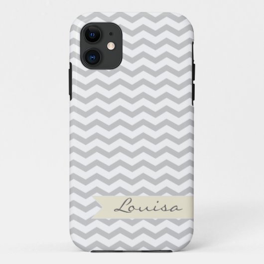 Grijze Chevron met beige gepersonaliseerd etiket Case-Mate iPhone Case (Achterkant)