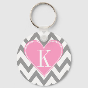 Grijze Chevron met roze monogram Sleutelhanger