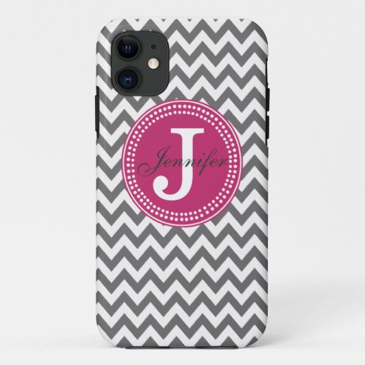 Grijze Chevron & Roze Monogram iPhone Case (Achterkant)