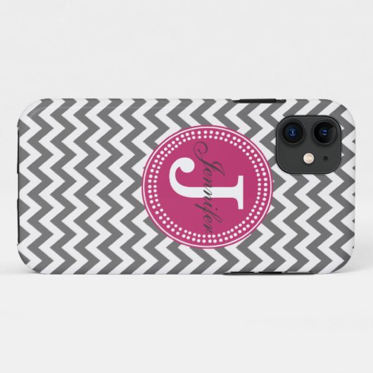 Grijze Chevron & Roze Monogram iPhone Case (Achterkant (horizontaal))
