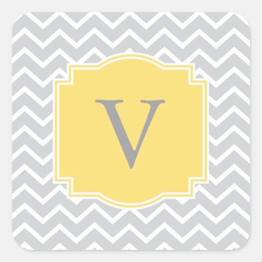 Grijze Chevrons GEEL  Ingelijste Monogram A20 Vierkante Sticker (Voorkant)