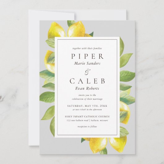Grijze citroenbloesem bruiloft kaart (Voorkant)