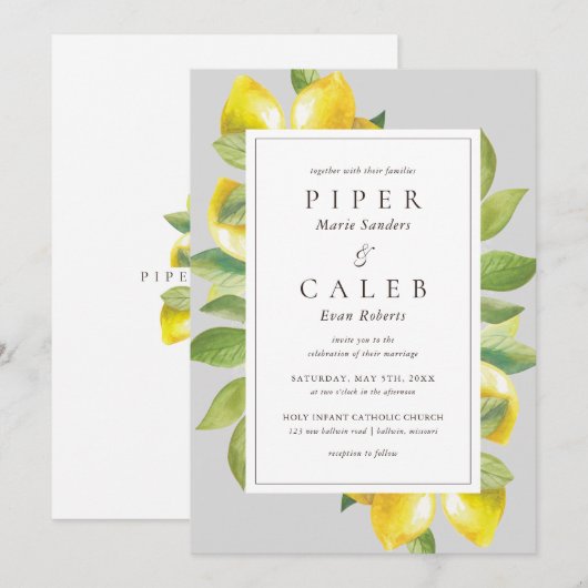 Grijze citroenbloesem bruiloft kaart (Voorkant / Achterkant)