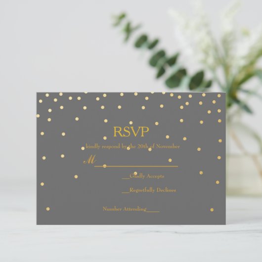 Grijze Confetti Stippen met goudkoorts RSVP-Kaart RSVP Kaartje (Staand voorkant)