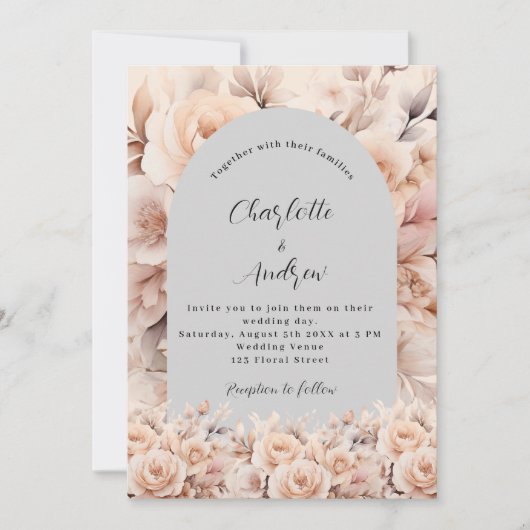 Grijze crème bloemboog elegante bruiloft kaart (Voorkant)