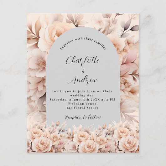 Grijze crème bloemenboog bruiloft uitnodiging (Voorkant)