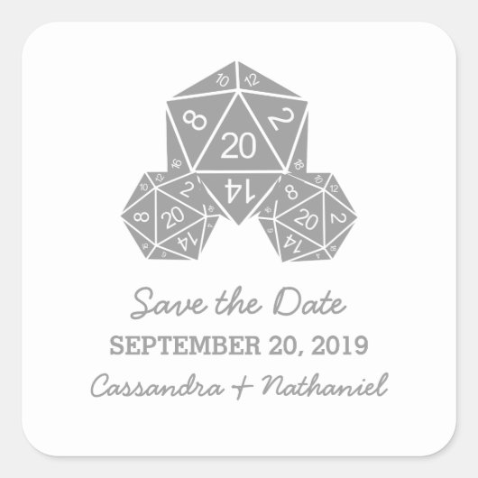 Grijze D20 Dobbelsteen Save the Date Stickers (Voorkant)