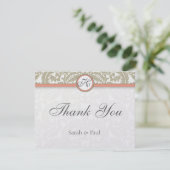 Grijze Damask met Coral & Grey Wedding Bedankt (Staand voorkant)