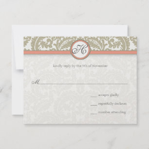 Grijze Damask met Coral & Grey Wedding RSVP Kaartje