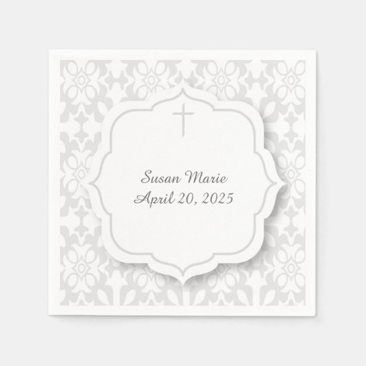 Grijze Damask met decoratief Label en kruis Servetten (Voorkant)