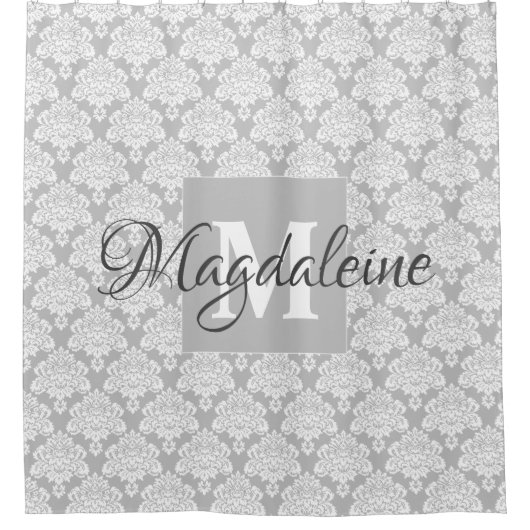 Grijze Damask Monogrammed Douchegordijn (Voorkant)