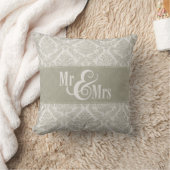 Grijze Damask "Mr & Mrs" kussen, gepersonaliseerd Kussen (Deken)