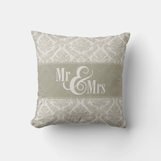 Grijze Damask "Mr & Mrs" kussen, gepersonaliseerd Kussen (Voorkant)