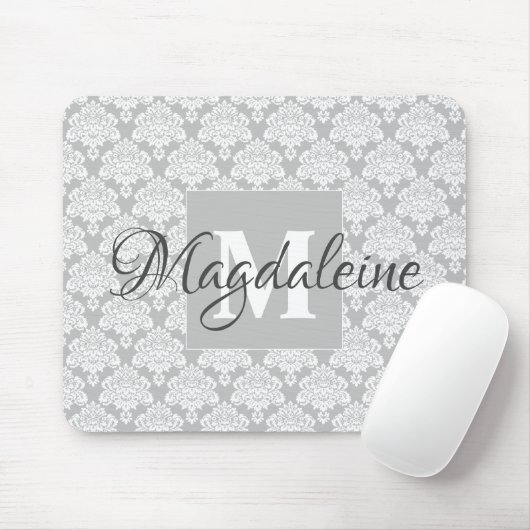 Grijze Damask Muismat met Monogram & Naam (Met muis)