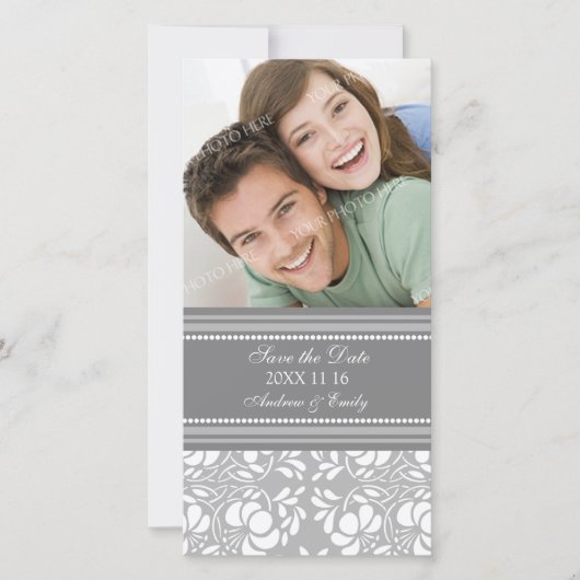 Grijze Damask Save the Date Wedding Photo Cards (Voorkant)