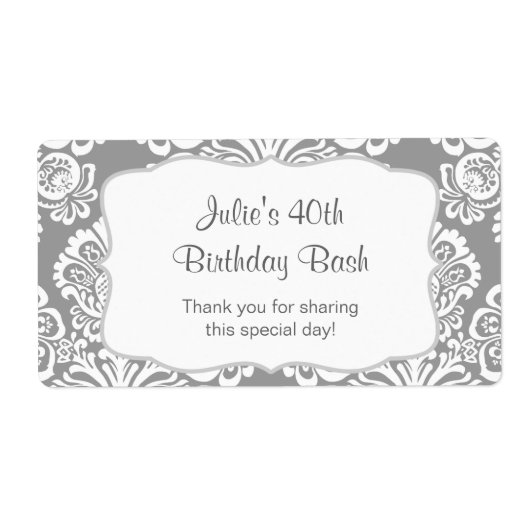 Grijze Damask Water Bottle gunst - pas het aan! Etiket (Voorkant)