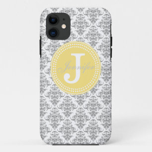 Grijze Damask & Yellow Monogram iPhone Case