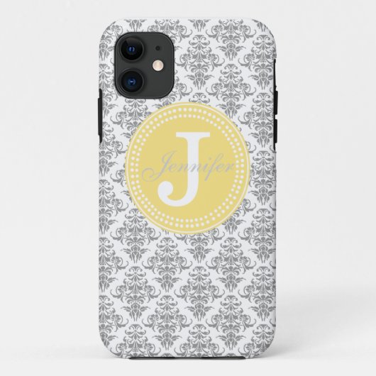 Grijze Damask & Yellow Monogram iPhone Case (Achterkant)