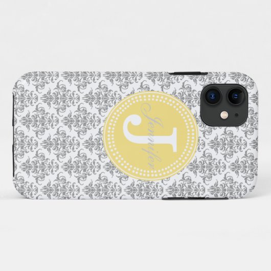 Grijze Damask & Yellow Monogram iPhone Case (Achterkant (horizontaal))