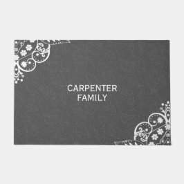 Grijze damast en wit bloemenkant deurmat