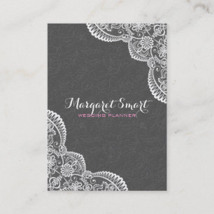 Grijze damast en wit  kant 2 in reliëf visitekaartje