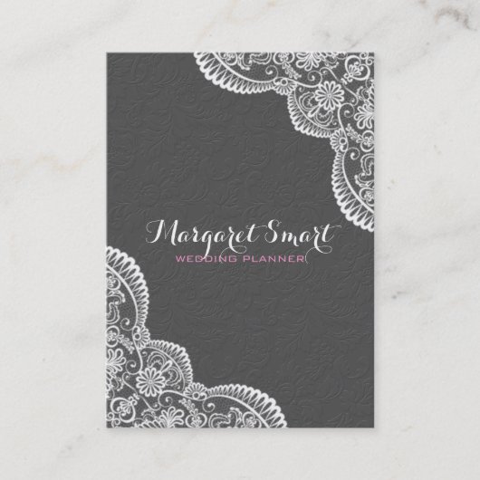 Grijze damast en wit  kant 2 in reliëf visitekaartje (Voorkant)
