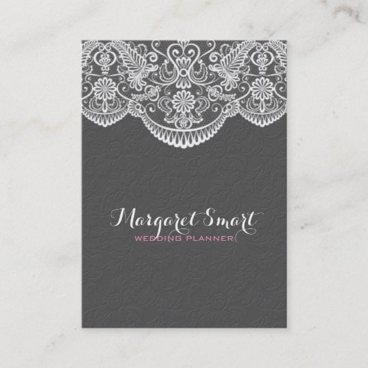 Grijze damast en wit  kant in reliëf visitekaartje (Voorkant)