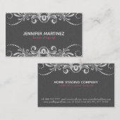 Grijze damast en wit  kant visitekaartje (Voorkant / Achterkant)