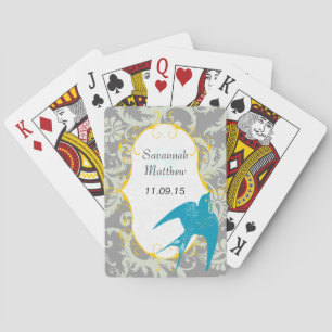 Grijze Damast Teal Mus Wedding Trouwkaart Pokerkaarten