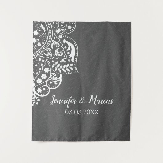 Grijze Damast Witte Kant Wandkleed (Voorkant)