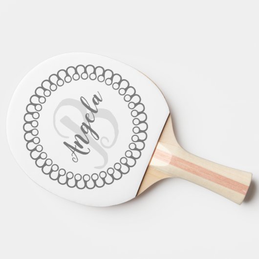 Grijze decoratieve cirkelvormig monogram pingpongp tafeltennisbatje (Zijkant)