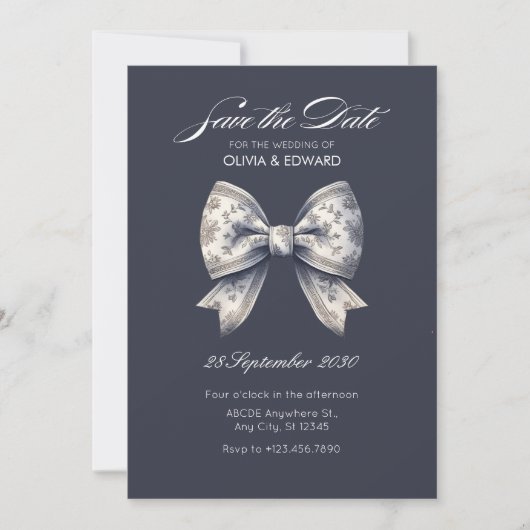 Grijze decoratieve strik bruiloft save the date (Voorkant)