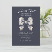 Grijze decoratieve strik bruiloft save the date (Staand voorkant)