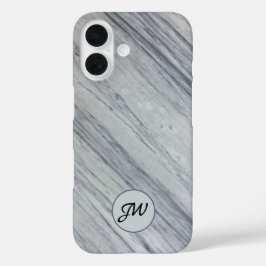 Grijze diagonale marmeren stenen monogram Initiale iPhone 16 Hoesje