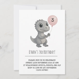 Grijze Dino met Roze Ballon Illustratie Verjaardag Kaart