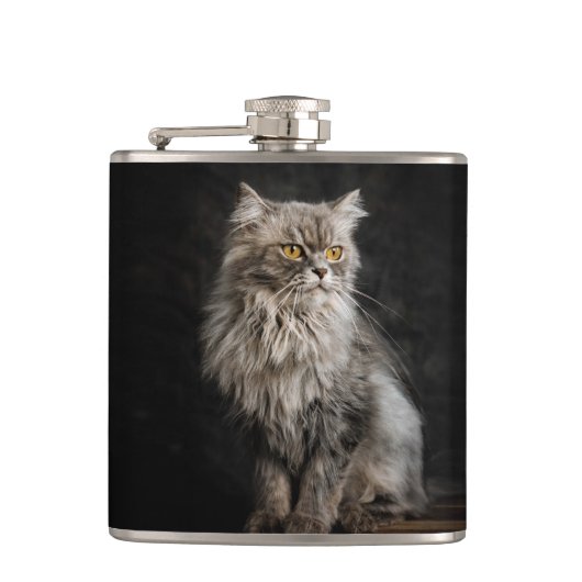 Grijze donzige kat heupfles (Voorkant)