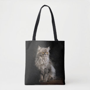 Grijze donzige kat tote bag