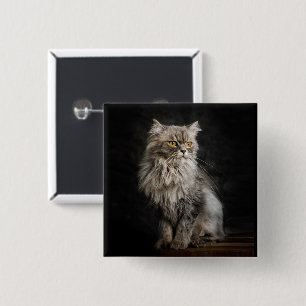Grijze donzige kat vierkante button 5,1 cm