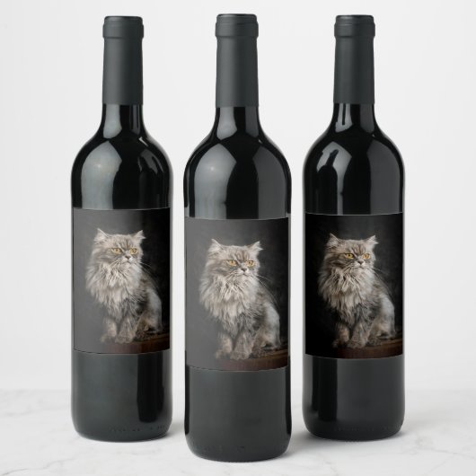Grijze donzige kat wijn etiket (Flessen)