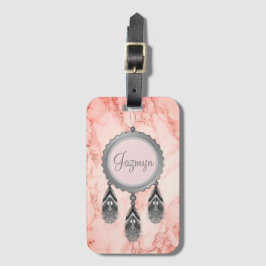 Grijze Dreamcatcher op Roze Marmer Gepersonaliseer Bagagelabel