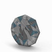 Grijze driehoekige uitsneden met ruwe donkerblauwe fotoblokken (Rechts)